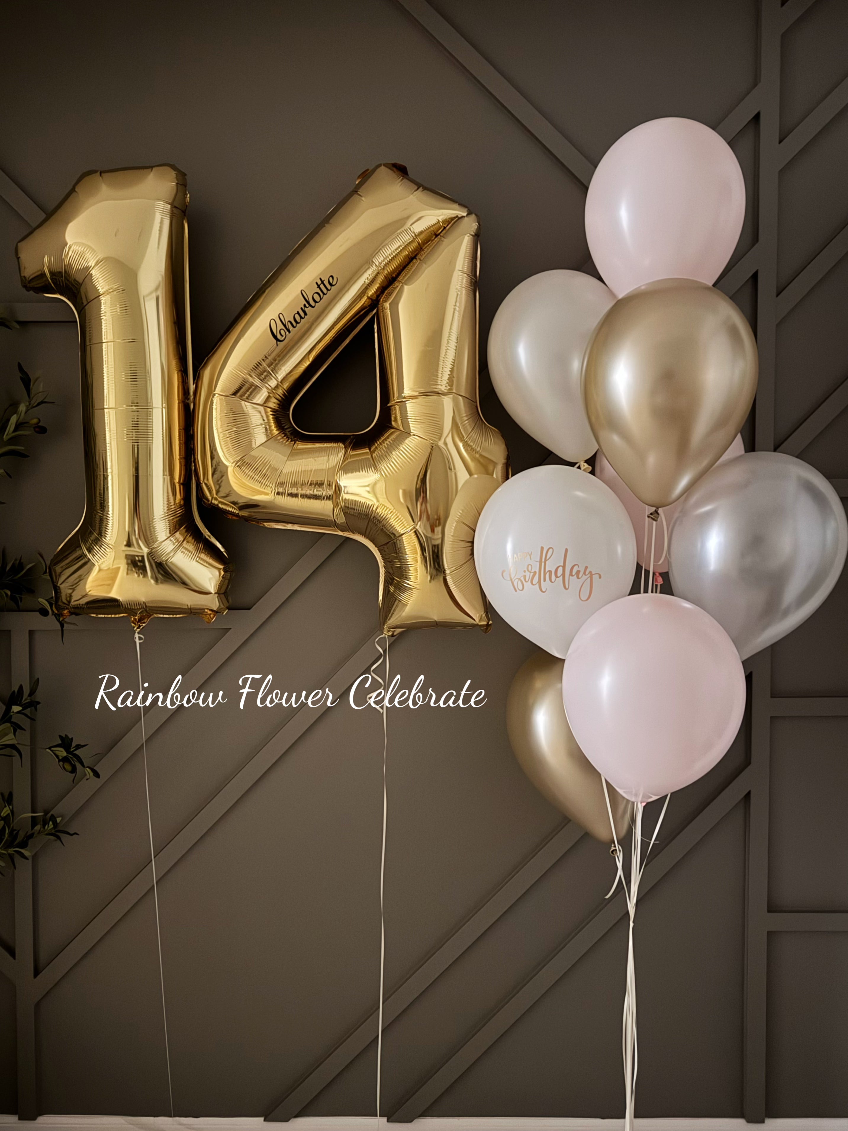 Gold number 14 helium balloon and light pink, gold and white helium balloons 