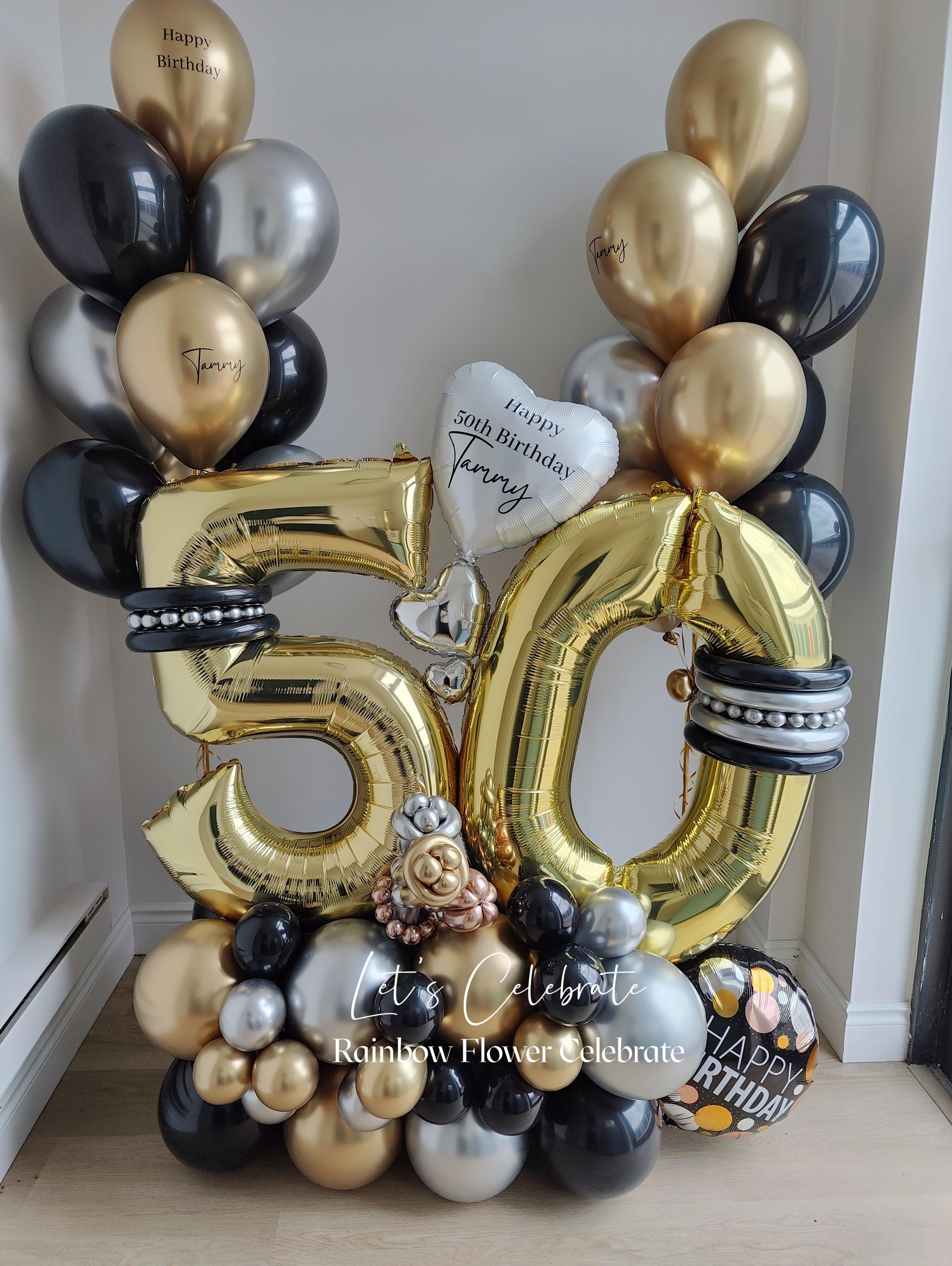 50th Black Gold Balloon with Personlized Message on a heart balloon 