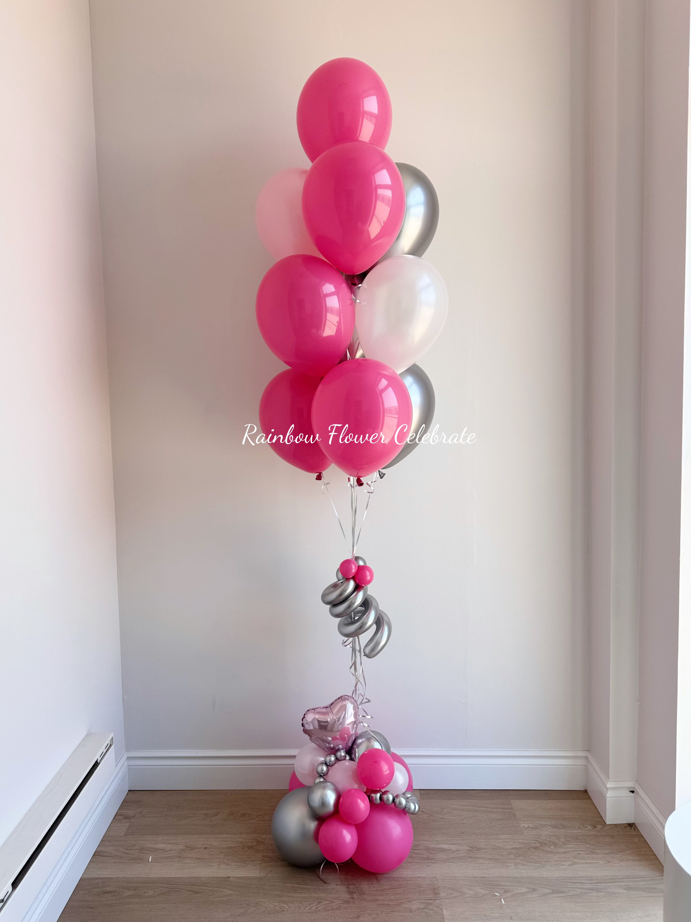 Hot Pink, pink, white silver Helium balloon bouquet, about 7ft-8ft tall, adjustable height with matching colour balloon base