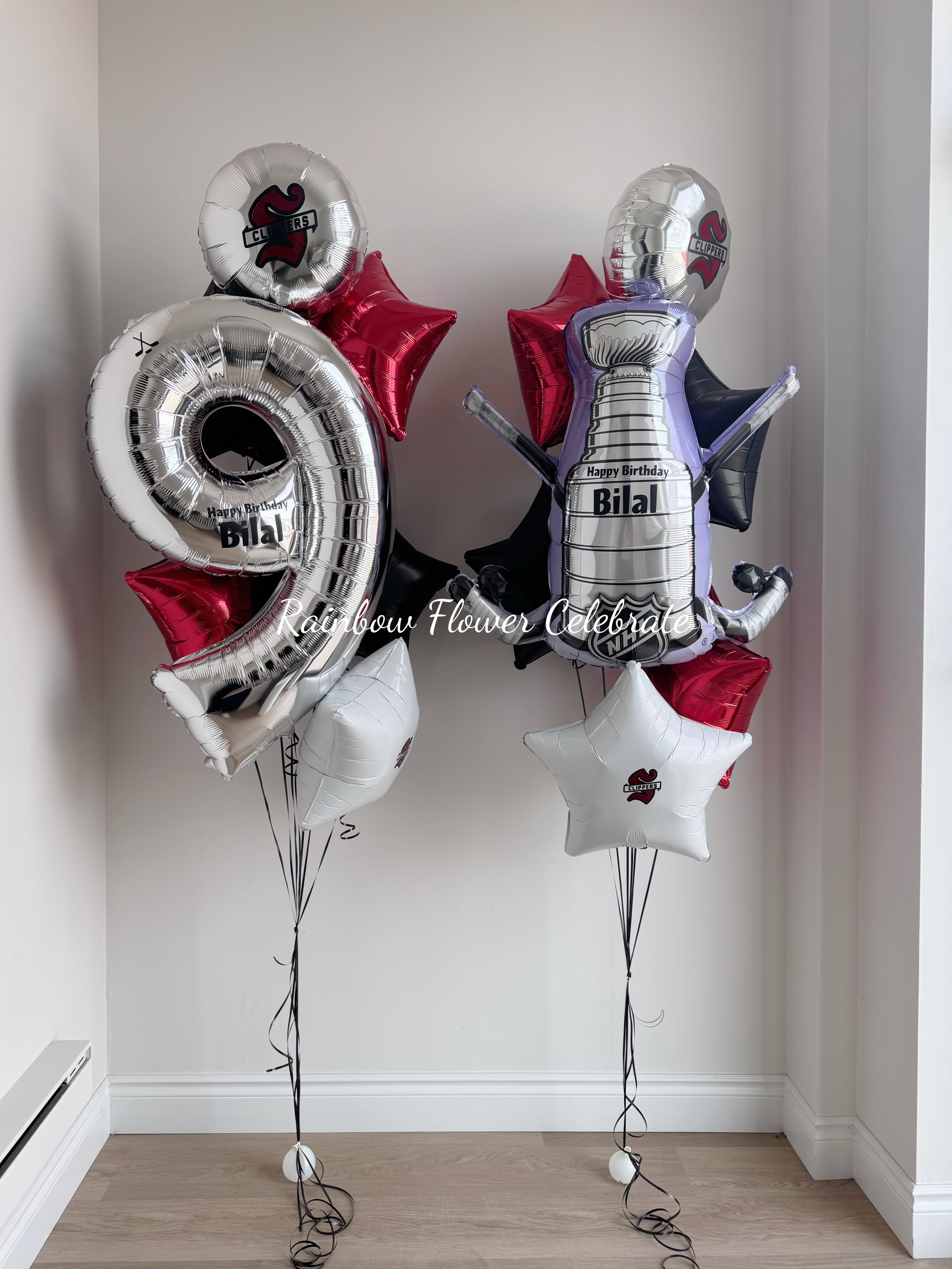 Silver 9 foil with NHL Stanley Cup foil with red black white foil balloon stars