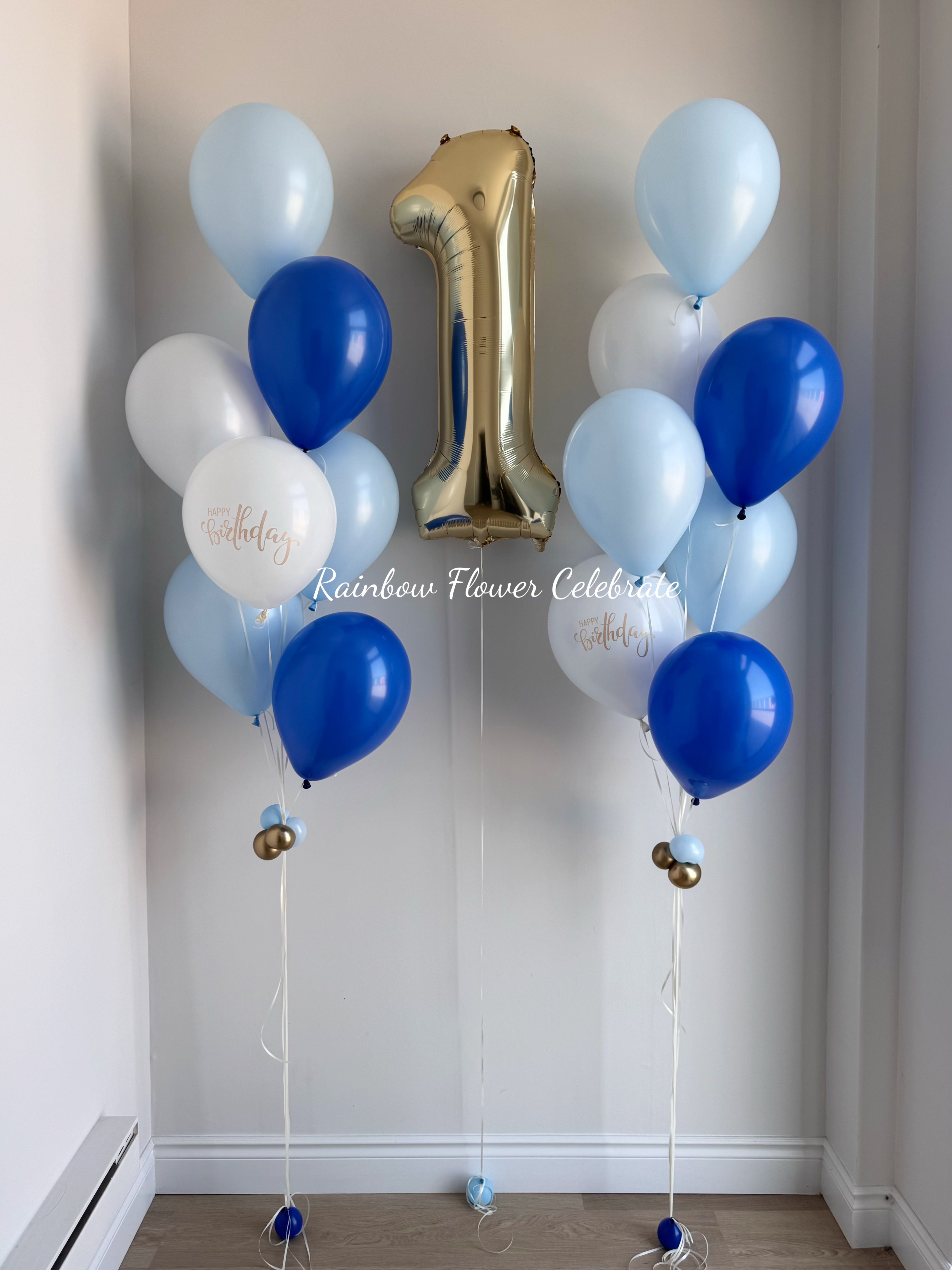 Helium bouquet of gold foil number 1 and royal blue, pastel blue and white latex balloons