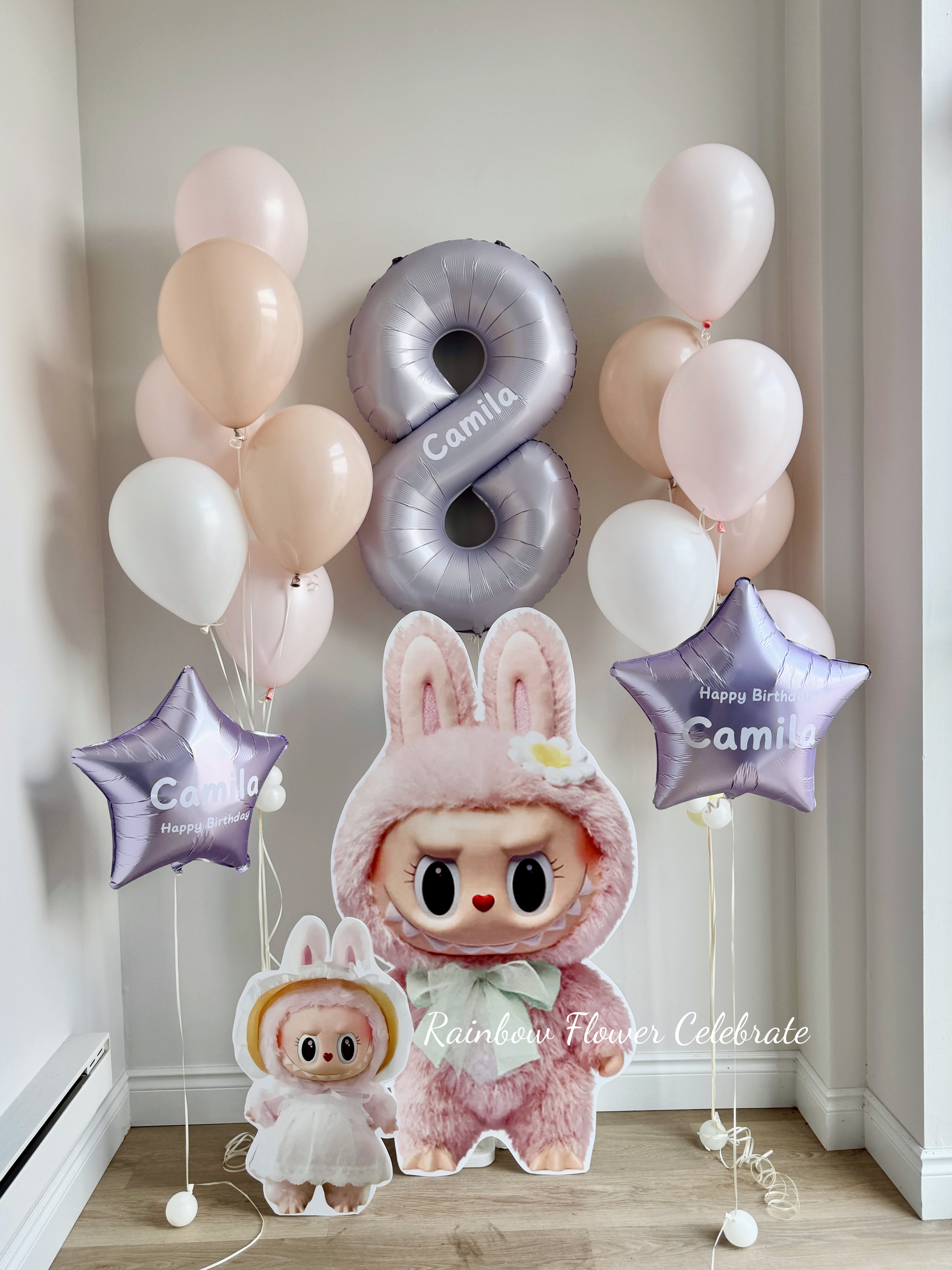4ft tall labubu cutout with a large number lavender foil '8' and purple star with personalized happy birthday with personalized name on. 