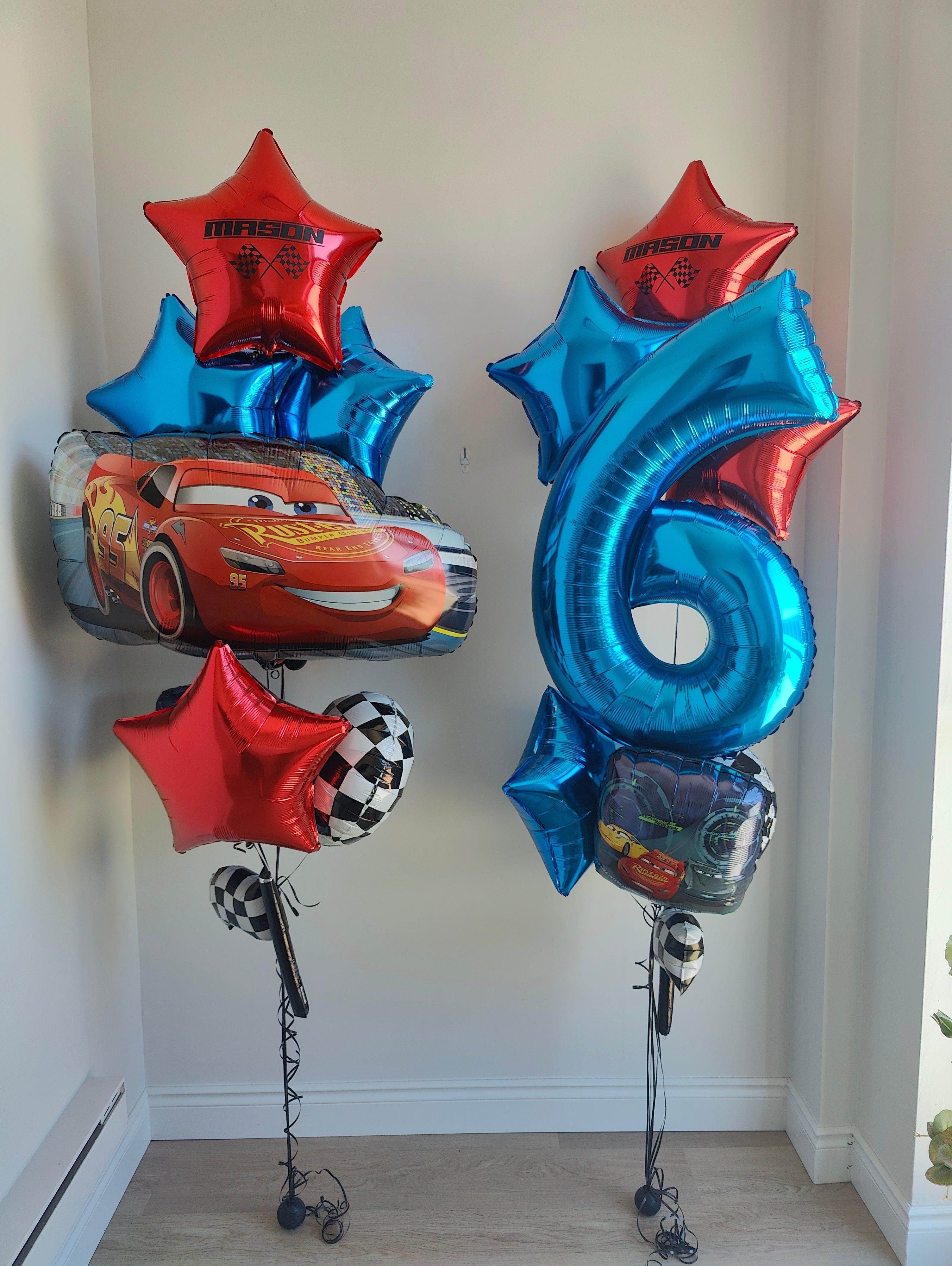 6 Yrs  McQueen race car themed balloon with red and blue foil stars