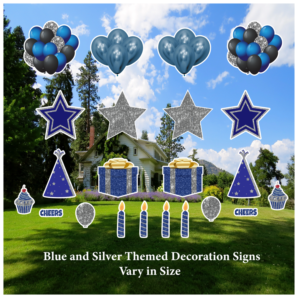 Blue and Silver Themed Decorations Set (Balloon, Star, Gift Box, Hat, Cupcake, Candle)