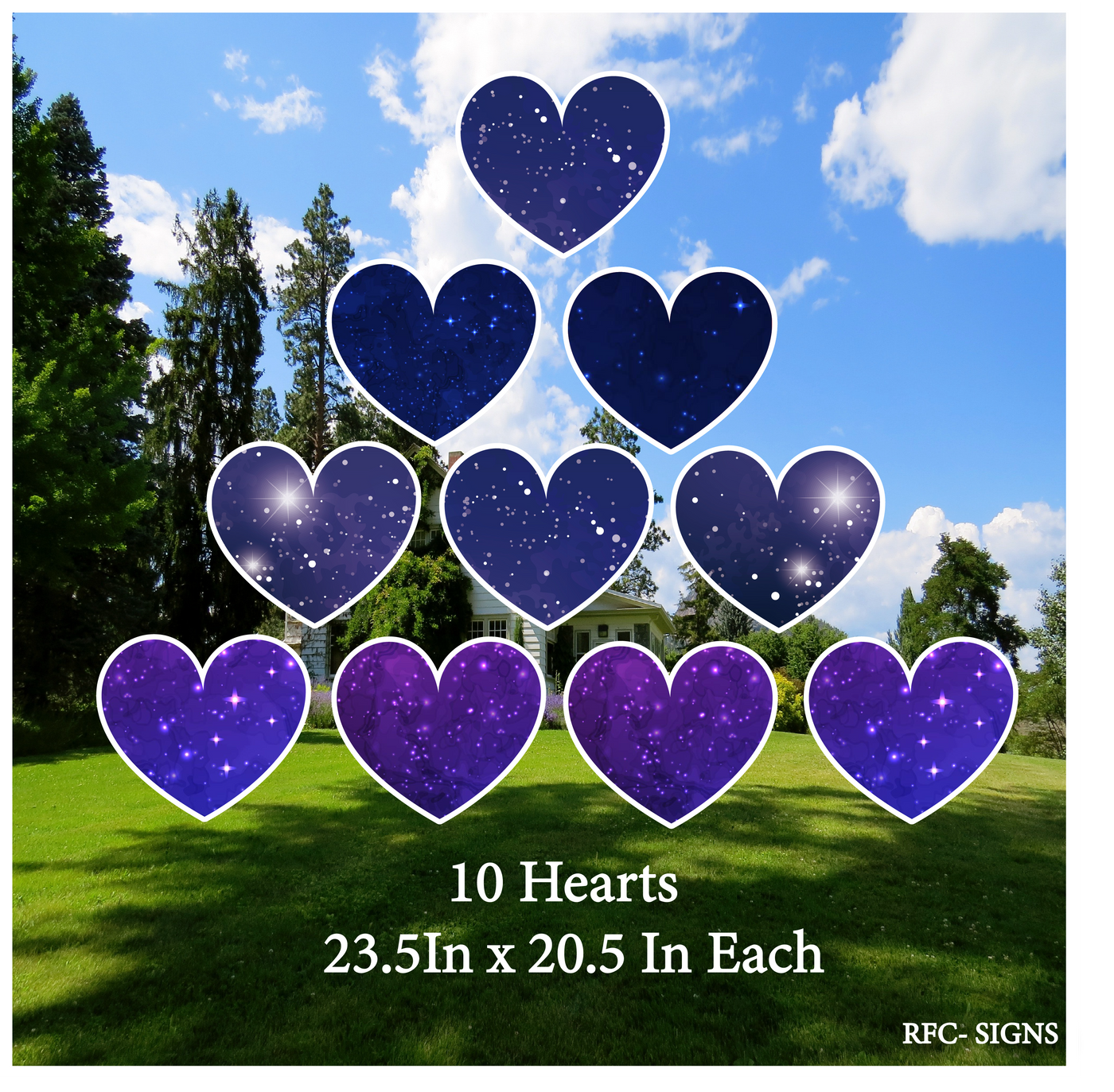 Blue Galaxy Sparkle Hearts Decoration Set (Ten of 23.5In x20.5 in Stars)