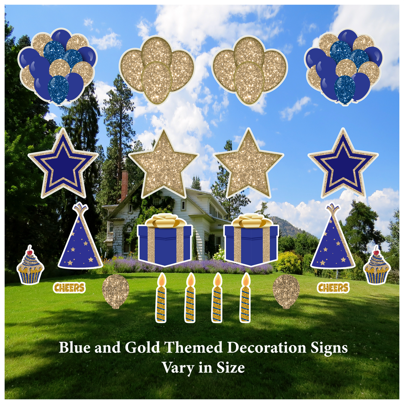 Blue and Gold Themed Decorations Set (Balloon, Star, Gift Box, Hat, Cupcake, Candle)