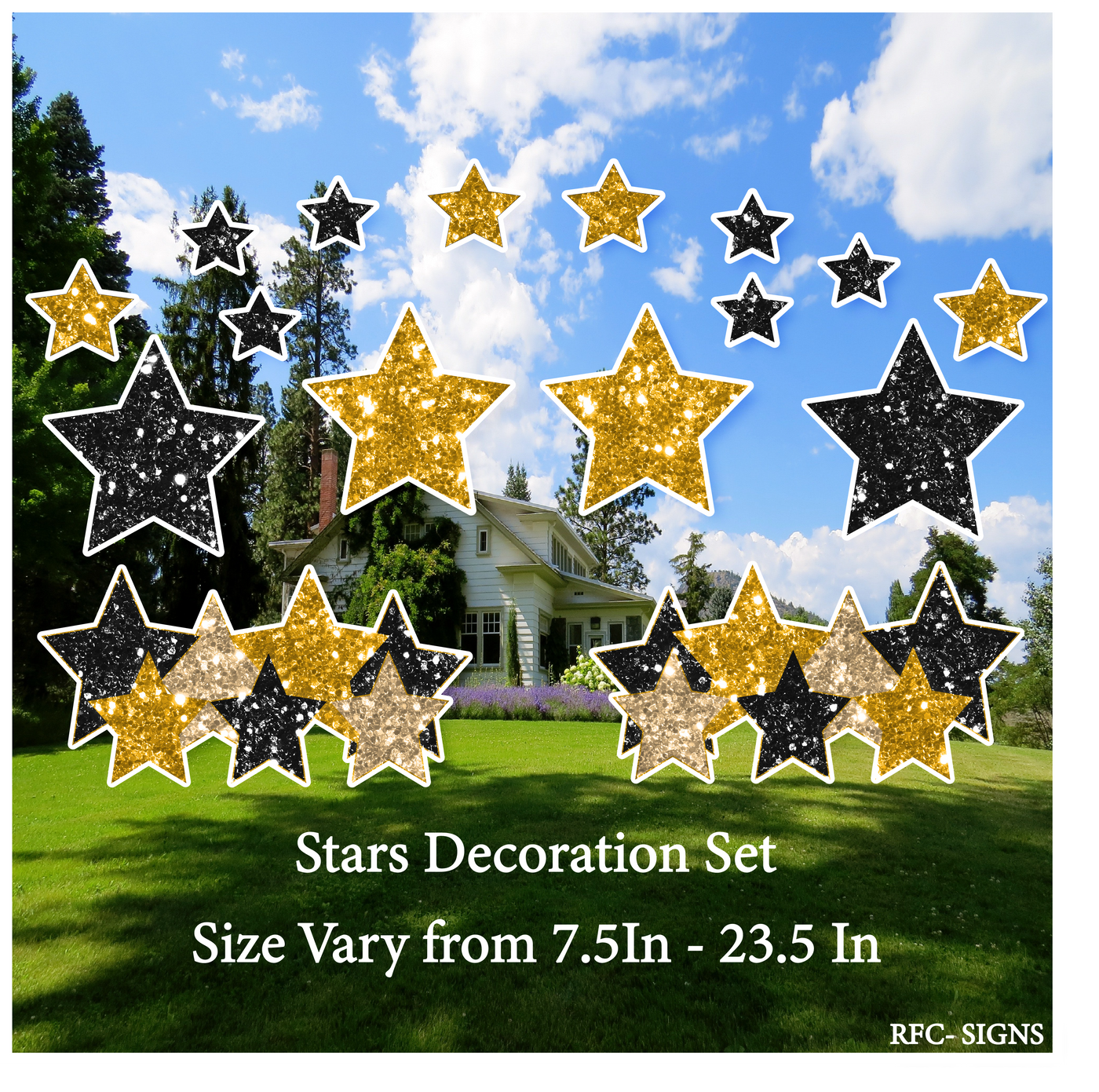 Black and Gold Themed Stars Decoration Set (Mini Stars, 23.5" Stars, Stars Bundle)