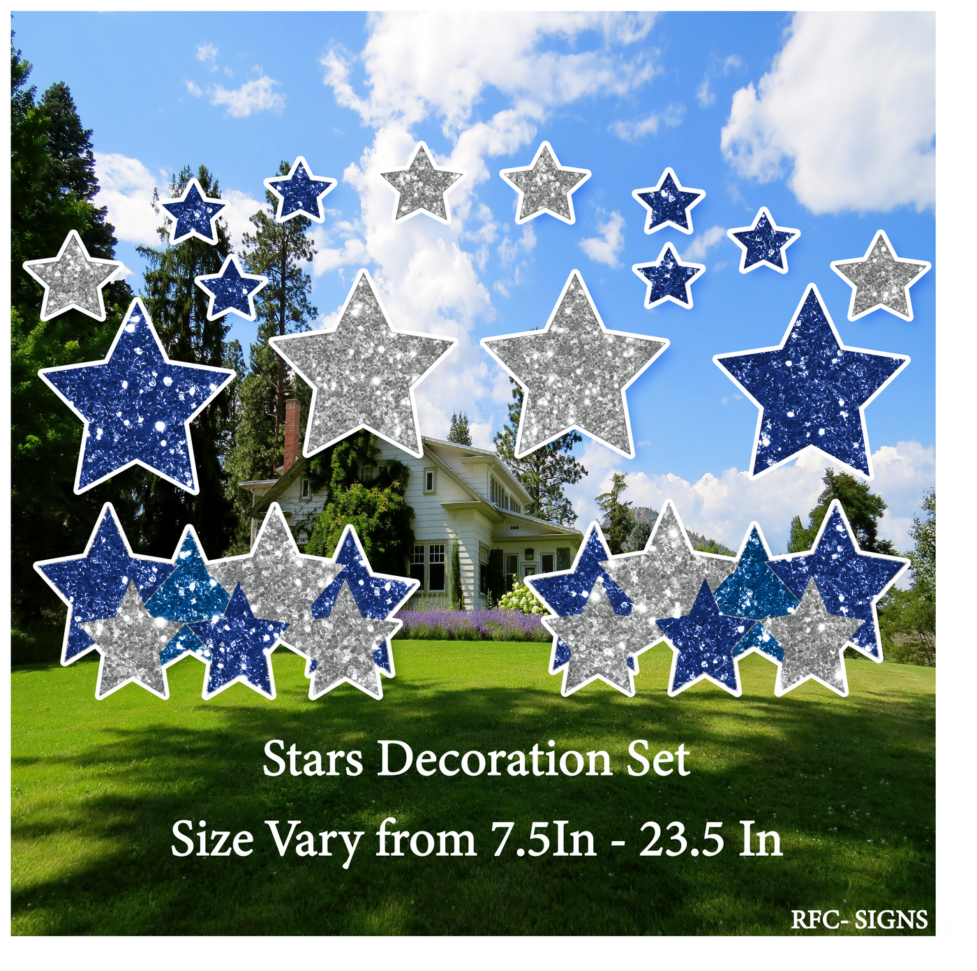 Glitter Blue and Silver Themed Stars Decoration Set (Mini Stars, 23.5" Stars, Stars Bundle)