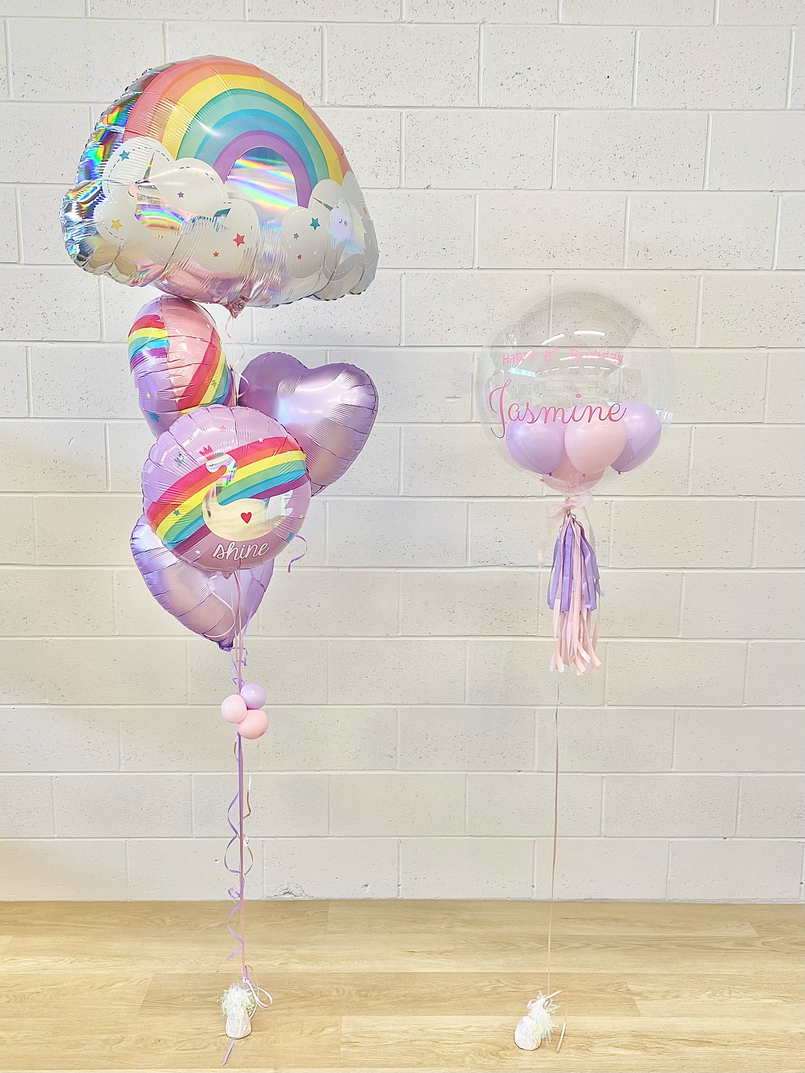 Themed Helium Bundle with Clear BoBo Balloon - Rainbow Flower Celebrate