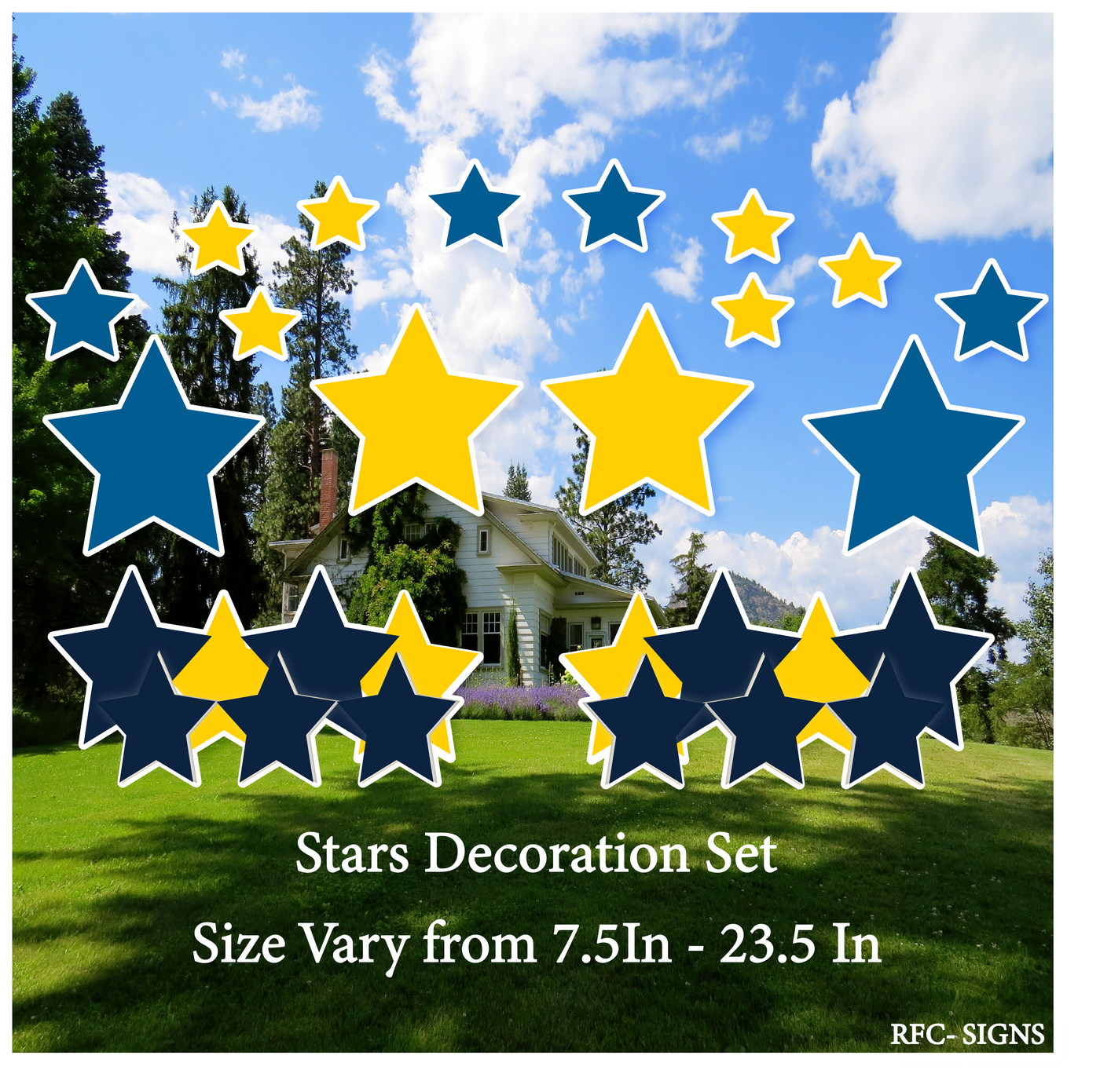 Navy Blue and Yellow Themed Stars Decoration Set (Mini Stars, 23.5" Stars, Stars Bundle)