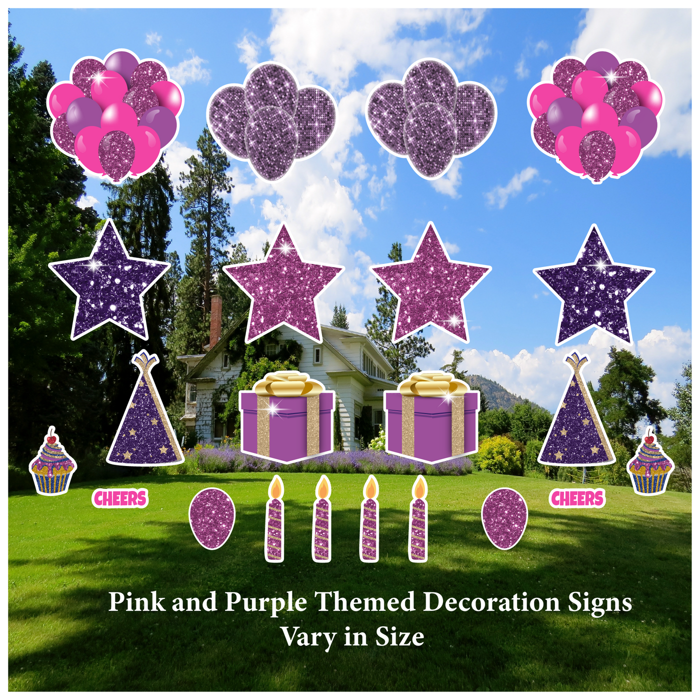 Pink and Purple Themed Decorations Set (Balloon, Star, Gift Box, Hat, Cupcake, Candle)