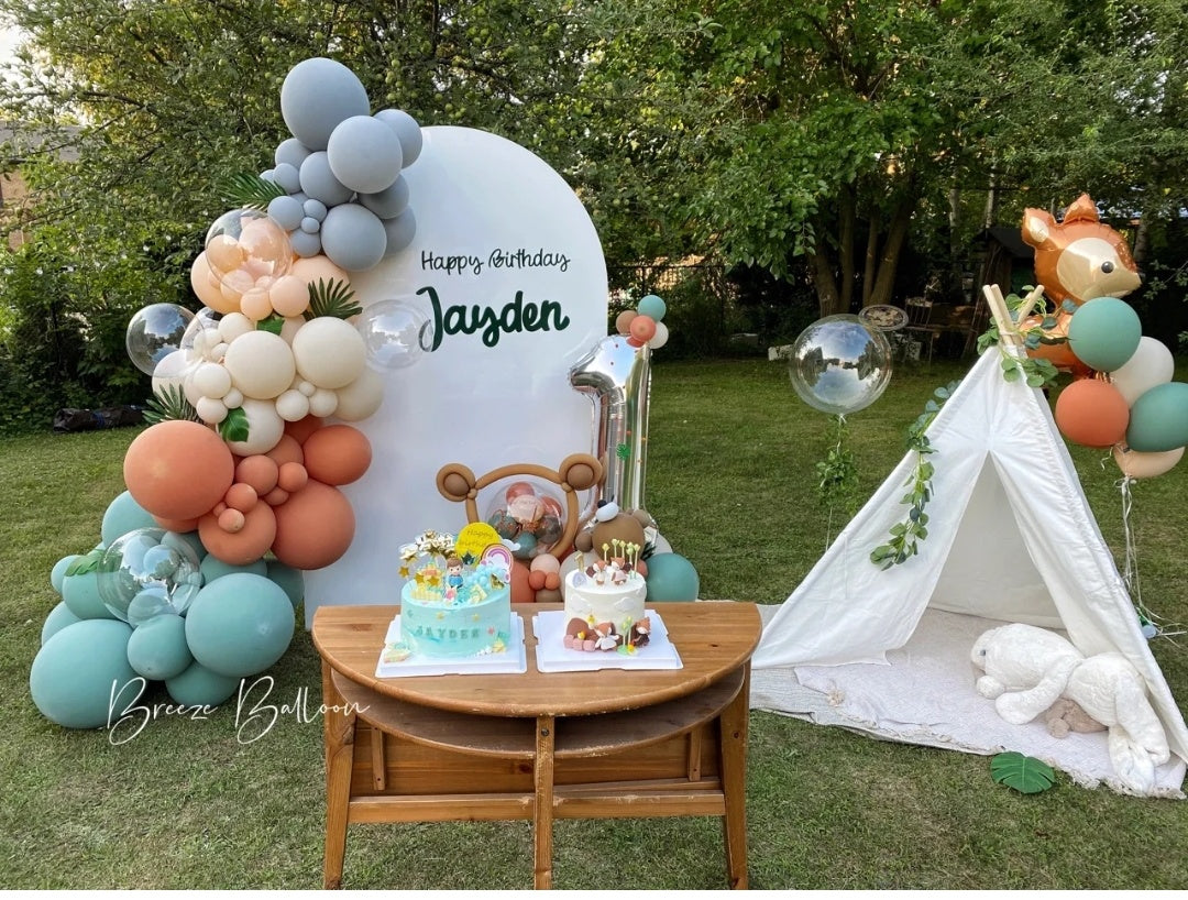 One Year Old Woodland Themed Balloon and Backdrop and Tent Rental