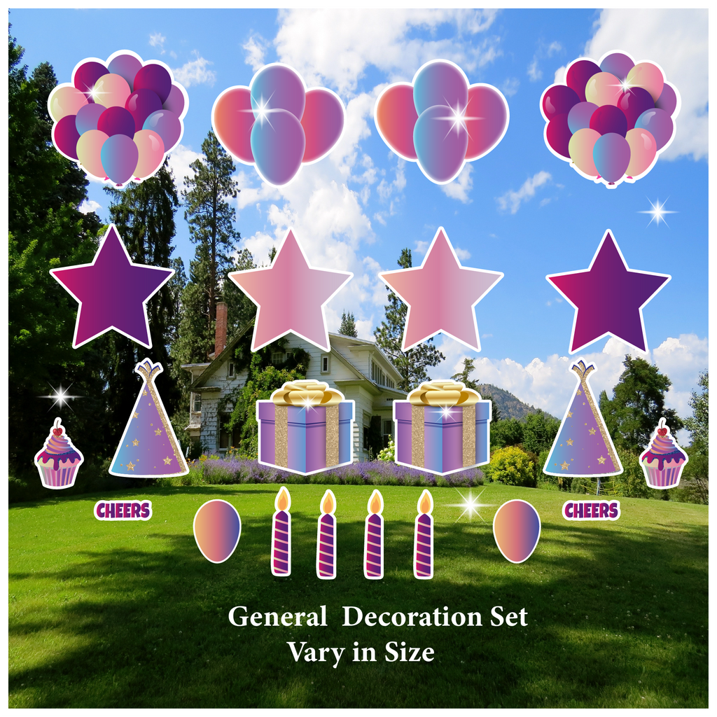 Pink and Purple Themed Decorations Set (Balloon, Star, Gift Box, Hat, Cupcake, Candle)