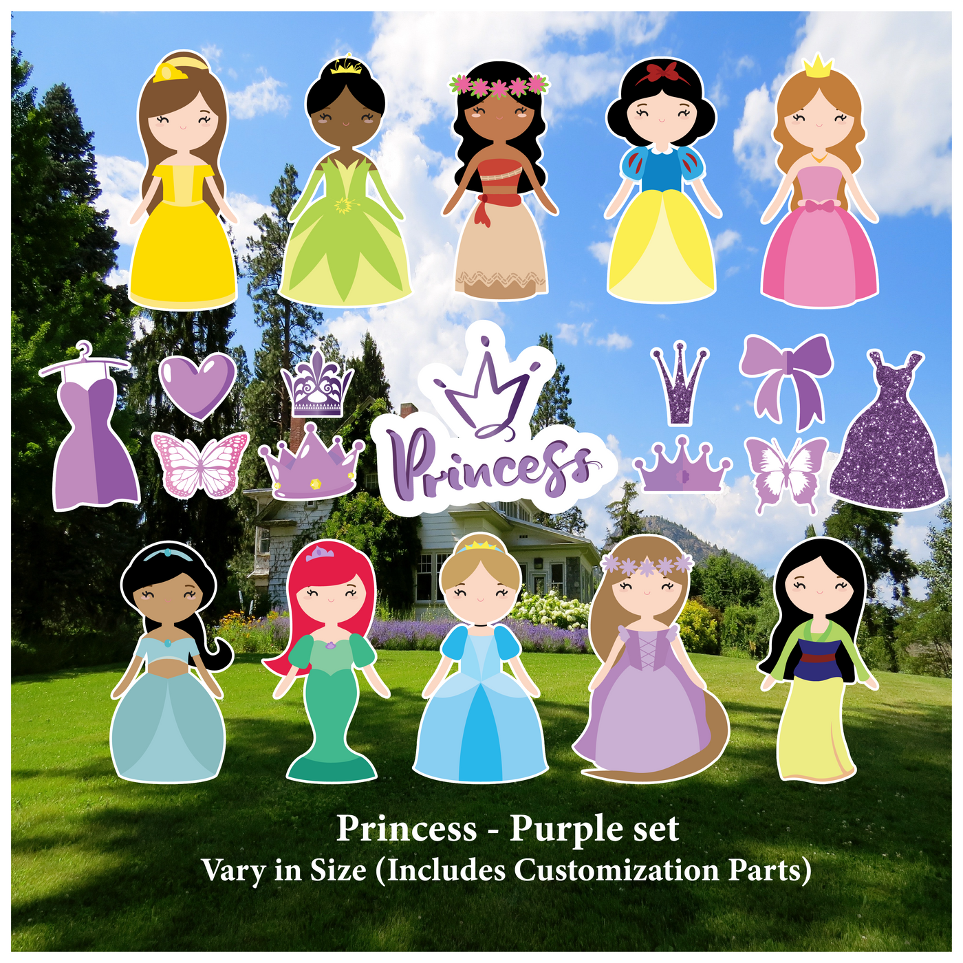 Princess Characters with Purple Decorations Set